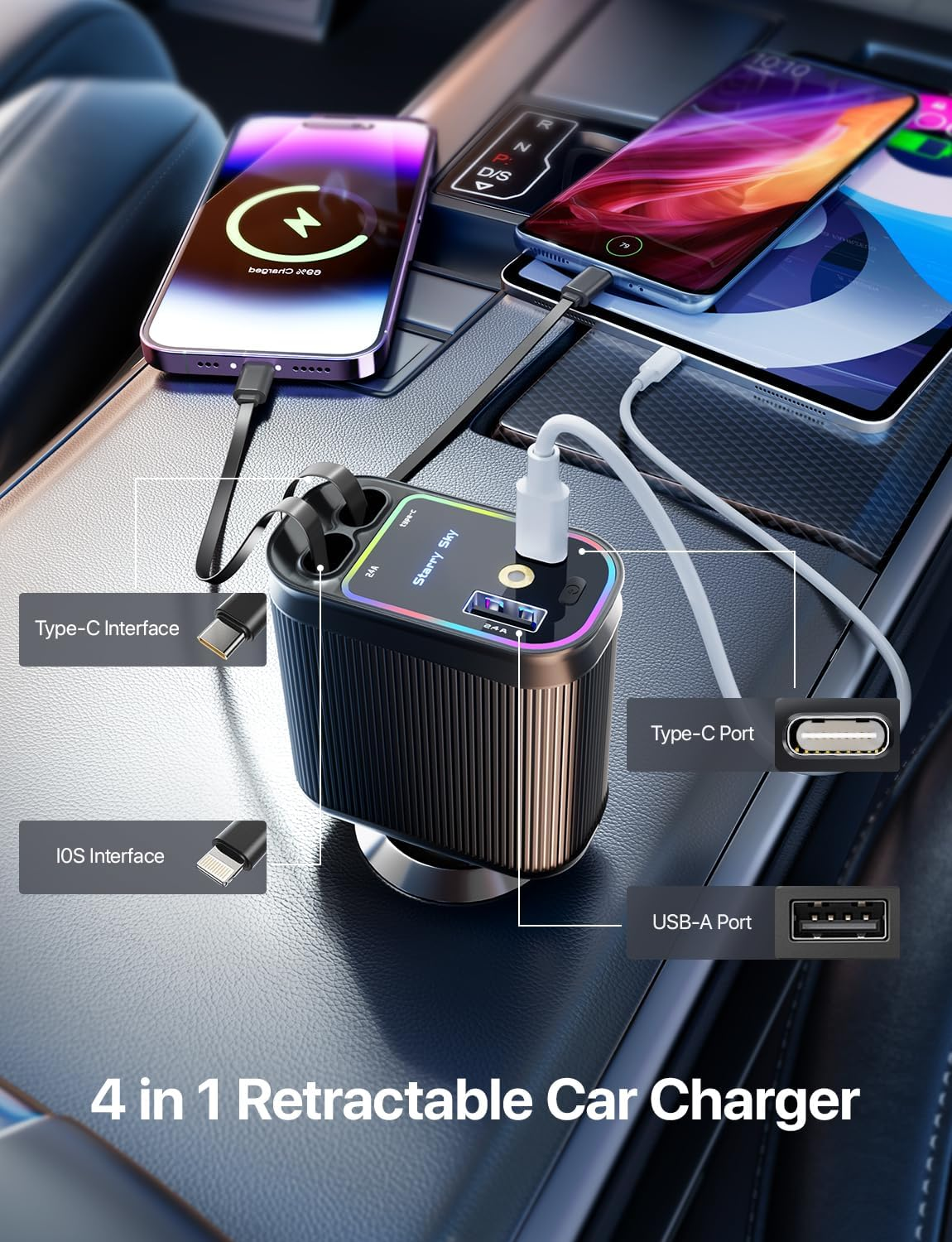 Retractable Car Charger with Starlight 66W – 4-in-1 Fast Car Charger