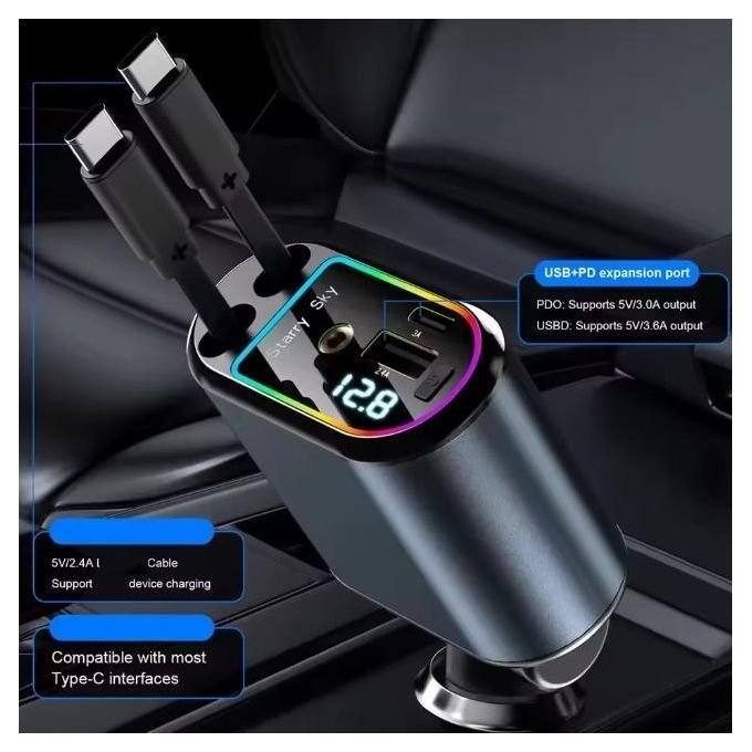 Retractable Car Charger with Starlight 66W – 4-in-1 Fast Car Charger - Image 2