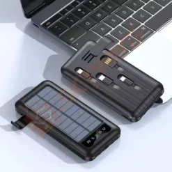 14,000mAh Fast Charging Solar Power Bank – 4 Built-in Cables, LED Display, Torch & Phone Holder - Image 3
