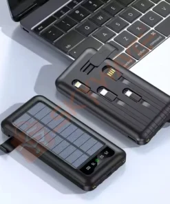 14,000mAh Fast Charging Solar Power Bank – 4 Built-in Cables, LED Display, Torch & Phone Holder - Image 3