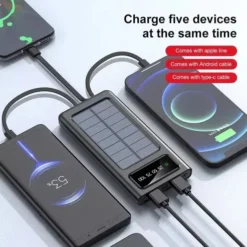 14,000mAh Fast Charging Solar Power Bank – 4 Built-in Cables, LED Display, Torch & Phone Holder - Image 4
