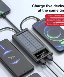 14,000mAh Fast Charging Solar Power Bank – 4 Built-in Cables, LED Display, Torch & Phone Holder - Image 4